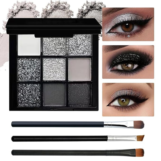 Black Grey Smoky Eyeshadow Palette,15 Colors Matte Shimmer Pigmented Eye Shadow Makeup Palette Set with 3 Eyeshadow Brushes,Glitter Eye Shadow Palette for Daily Halloween Goth Makeup(J)