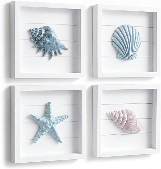 Tide and Tales 3D Coastal Wall Art, Beach Wall Decor, Framed Set of 4 | 7" x 7", Textured 3D Seashells, Bathroom Bedroom Kitchen Room Decor, Lightweight, Hand Painted, Gift Boxed, Hanging Ready