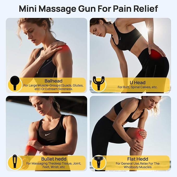 Super Mini Massage Gun Deep Tissue, Handheld Muscle Massager with 4 Heads, Percussion Travel Size Massager Gun for Back Pain Relief, Quiet for Home, Gym, Office, Gift for Men & Women, Yellow