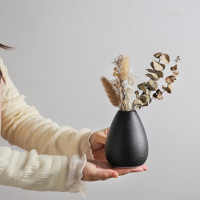 CEMABT Black Ceramic Vase Set - 4 Small Unique Vases for Flowers, Modern Decorative Centerpieces and Home Decor
