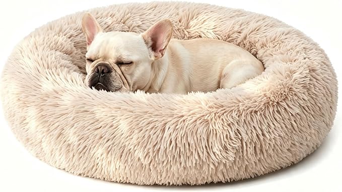 Calming Donut Dog Bed for Small Dogs, Anti-Anxiety Round Washable Plush Fluffy Faux Fur Large Cat Bed, 24 inches Fits up to 25 lbs Pets, Anti-Slip Waterproof Mute Base Light-Brown