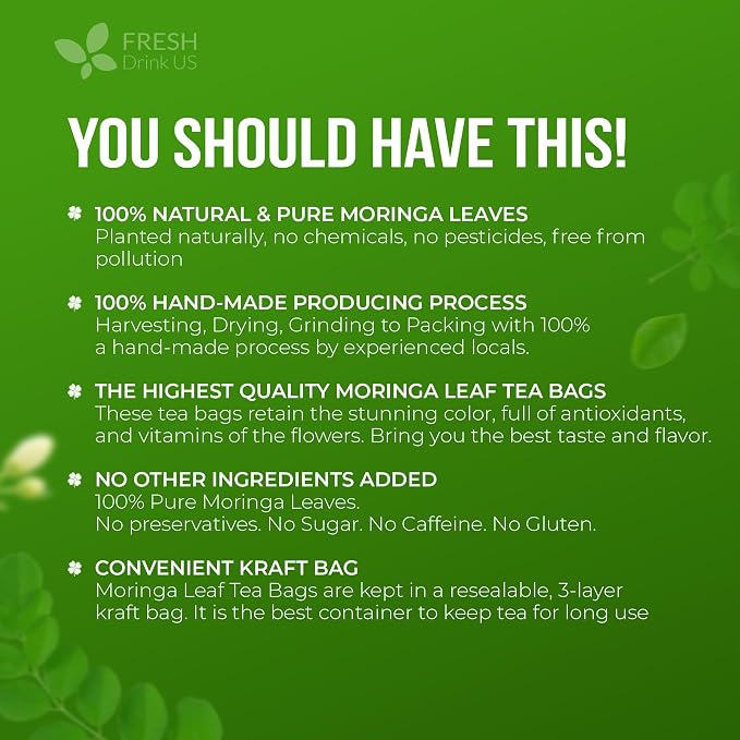 FreshDrinkUS, Premium 75 Moringa Tea Bags, 100% Natural & Pure, Herbal Tea, Made with Natural Materials-Corn Fiber Tea Bags, Sugar/Gluten Free. Rich in Antioxidants and Vitamins.