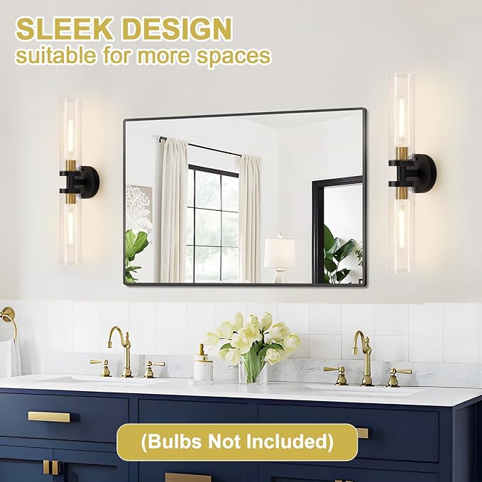 Indoi Hardwired Wall Sconces Set of Two, 22" Black and Gold Bathroom Sconces with Clear Glass, Modern Sconces Wall Decor Set of 2 Wall Light fixtures for Bathroom Mirror Living Room Hallway Bedroom