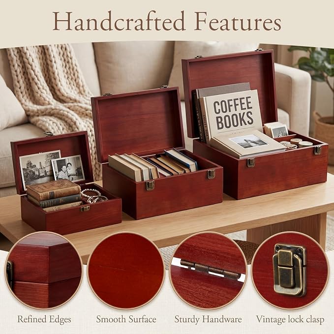 Sliner 3 Pcs Wooden Decorative Storage Boxes with Lids Vintage Wood Organizer Bins for Your Bookshelf Home Decor Safely Store Photos Documents Memory Jewelry Craft Storage (Light Brown,S M L Size)