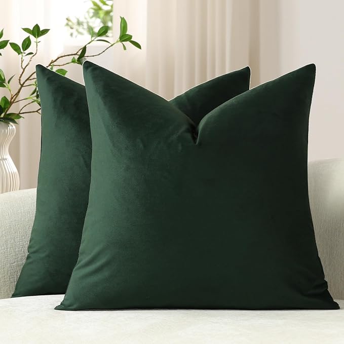 Throw Pillow Covers 16x16 Dark Green: Pack of 2 Cozy Soft Velvet Square Modern Luxury Decorative Throw Pillow Cases for Sofa Couch Living Room Bed Home Decor