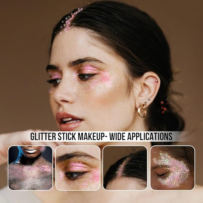 Brzeaf Pink Glitter Stick, Not Greasy & Long Lasting, Christmas Face Glitter Gel, Chunky Glitter for Face/Body/Hair/Eyes/Lip, Singer Concert Music Rave Festival, Glitter Stick Makeup for Women Men