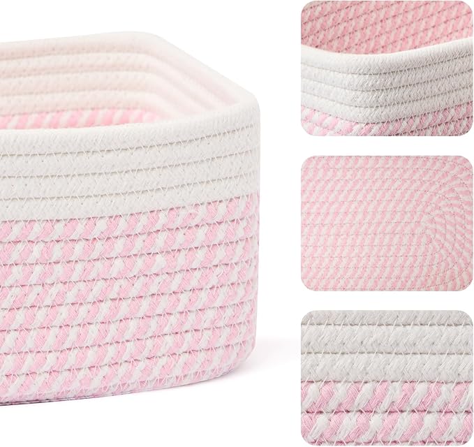 MiniArk Small Storage Baskets for Organizing | Closet Organizer Bins | Shelf Toy Basket | Woven Rope Baskets | Cube Decorative Box | Shallow Basket | 11.5x7.5x4.7” | 4 Packs White Pink
