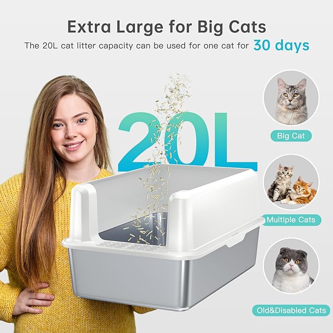 Stainless Steel Cat Litter Box, XL High Sided Open Top Pan with Scoop | XL for Big Cats, Non-Stick Odor-Free, 20L 30-Day Use Easy Clean, High Sides Block Spray & Tracking, Durable 3-5Yrs