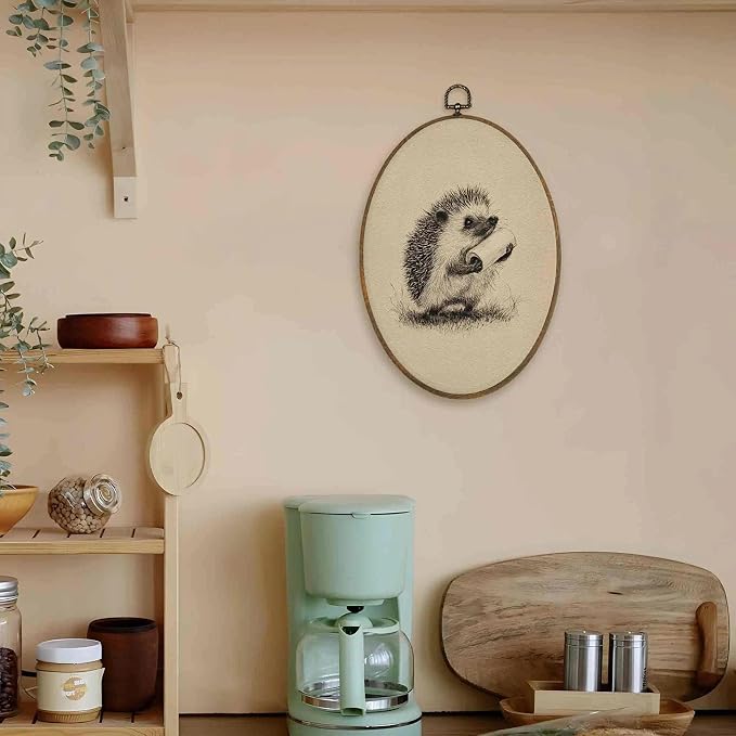 LKETW Funny Hedgehog Bathroom Oval Wall Art Decor, Farmhouse Bathroom Oval Canvas Hanging Decor, Whimsical Sketch Hedgehog Holding Toilet Paper Wall Decorations for Washroom Restroom, 8.6x11.4 Inch