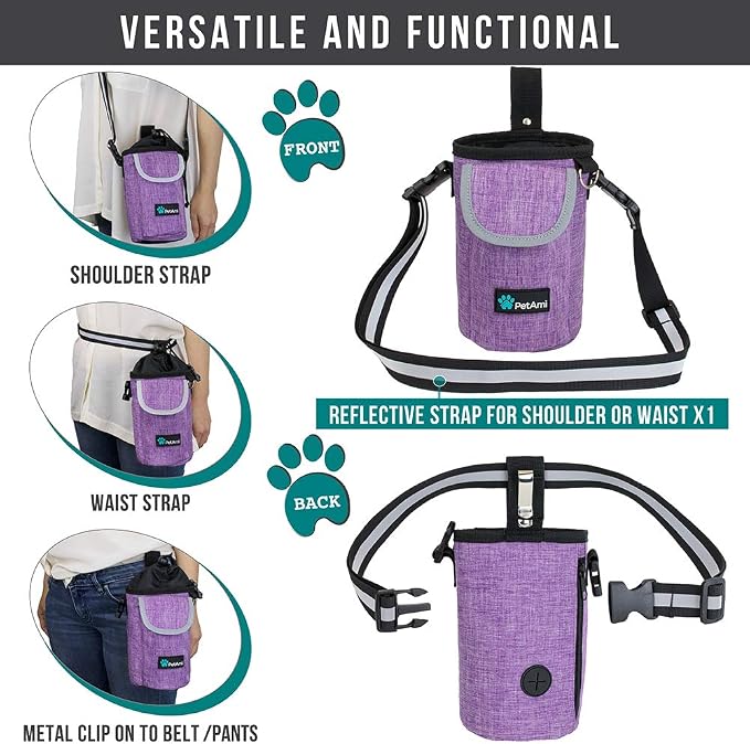 PetAmi Dog Treat Pouch, Large Hands-Free Training Bag, Purple