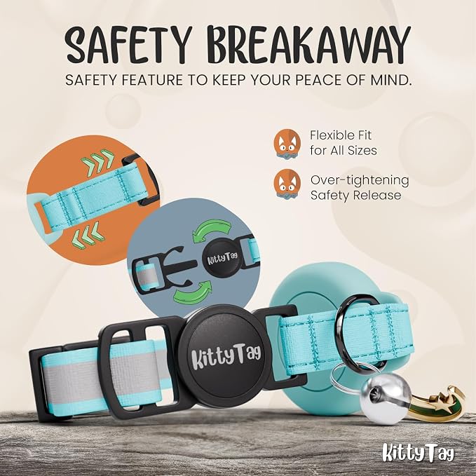 AirTag Cat Collar – Breakaway Reflective & Waterproof Collar with Built-in Holder, Adjustable with Bell for Indoor/Outdoor Cats – AirTag Not Included, Turquoise (9-12")