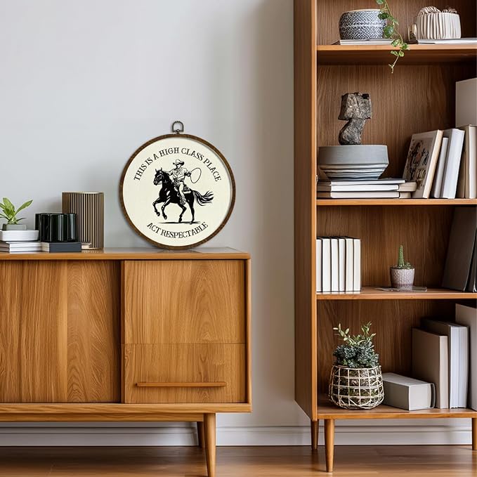 Round Wall Art Framed,Funny Cowboy Round Wall Decor –This Is a High Class Place- Rustic Western Decor for Living Room, Bar, Cabin, or Farmhouse,Gallery Space,10 In Diameter (Western cowboy)