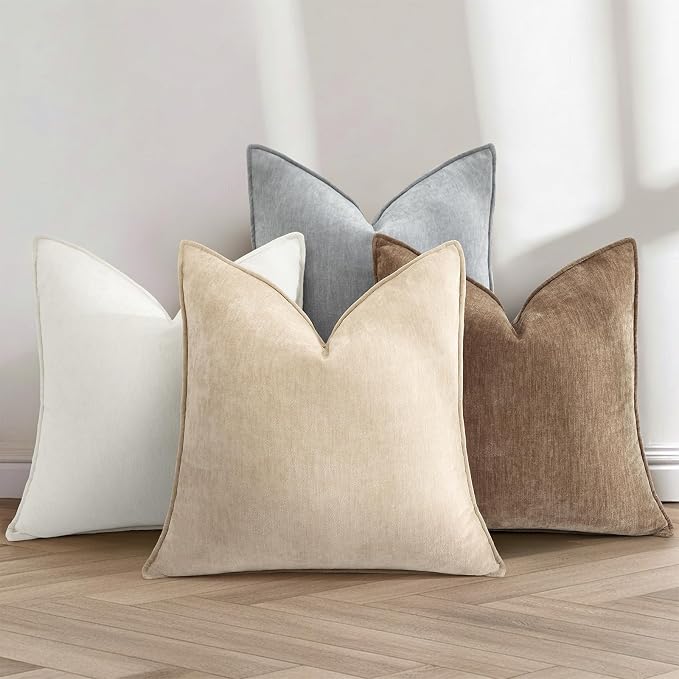 decorUhome Chenille Cream White Velvet Throw Pillow Covers 24x24 Set of 2 | Fall Soft Euro Sham Couch Decorative Modern Farmhouse Pillow Cases with Elegant Design for Sofa Bed Living Room Home Decor