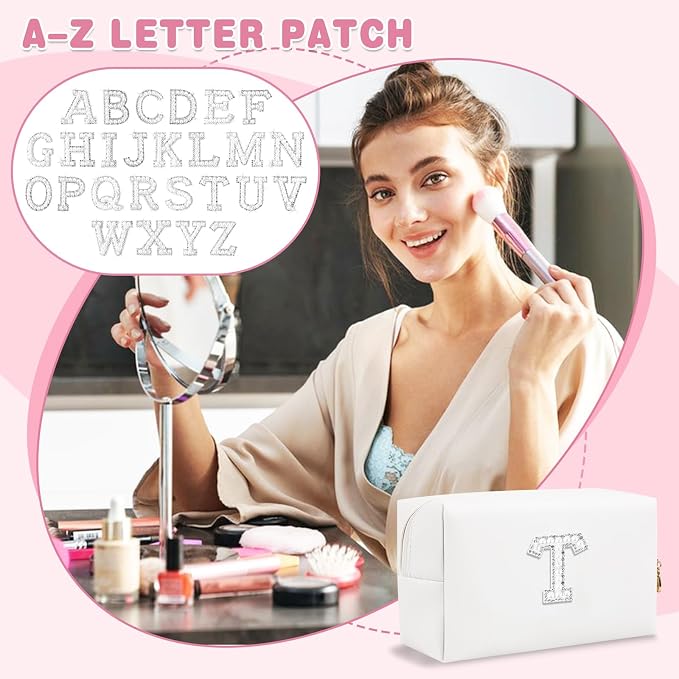 Bride Gifts – Personalized Initial Makeup Bag with Pearl Rhinestone Patch, Preppy White Monogram Cosmetic/Toiletry Pouch, bridesmaid Gifts, Bridal Shower Gifts, Wedding Gifts, Bridal Gifts,T