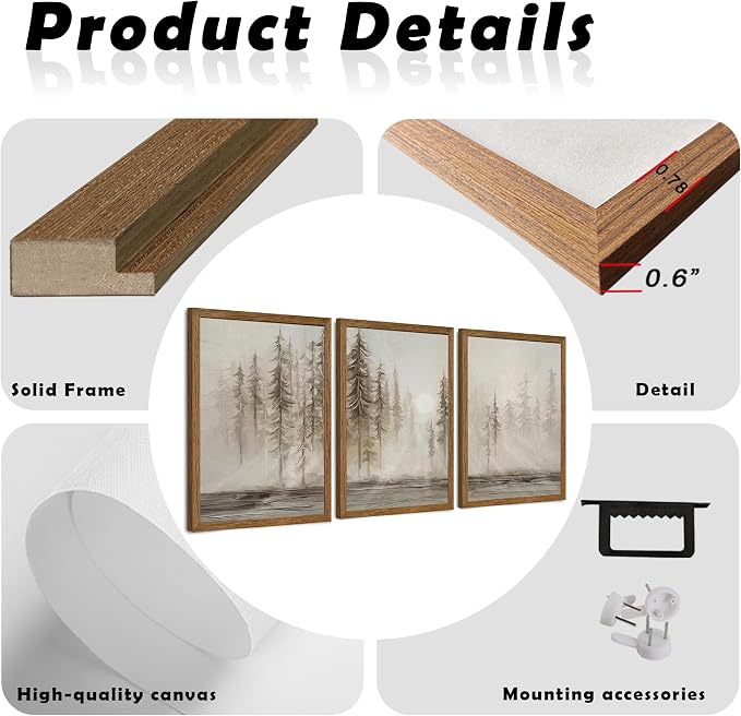 Urmoya 3 Pieces Scandinavian Pine Tree Neutral Forest Wall Art 12x16 in | Wood framed canvas, Forest scene, Nordic modern style, Ready to hang, for living room, hallway, office, or bedroom decor