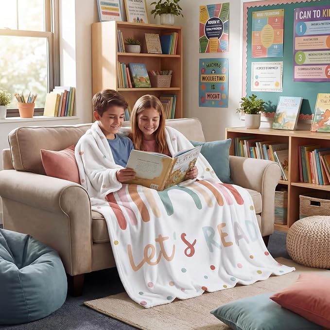 Back to School 50'' x 60'' Rainbow Read Throw Blanket Classroom | Reading Corner Decor Blanket Boho Let's Read Decor for School Reading Corner Supplies Playroom Bedroom Library
