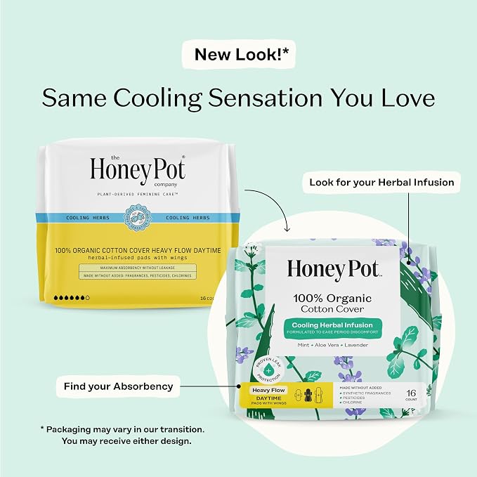 The Honey Pot Company - Herbal Sanitary Pads for Women - Heavy Flow w/Wings - Infused w/Essential Oils for Cooling Effect & Organic Cotton Cover - Feminine Care - 16 ct