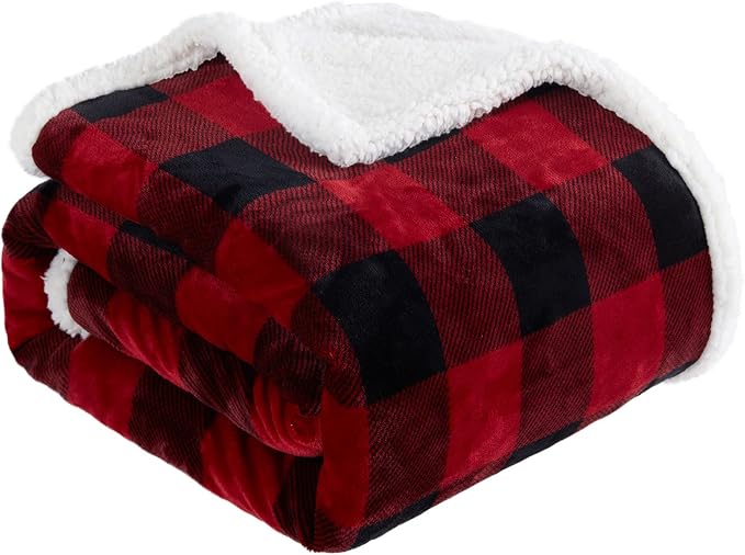 Sherpa Red and Black Buffalo Plaid Christmas Twin Blanket 60" X 70", Fuzzy Fluffy Soft Cozy Throw Blanket, Fleece Flannel Plush Microfiber Blanket for Couch Bed Sofa