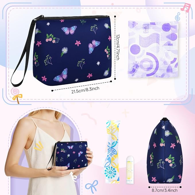 First Period Kit for Girls, Neoprene Sanitary Napkin Storage Bag, Menstrual Pad Bag Tampon Holder for Purse, First Period Gifts for 9-12 (Big Floral)