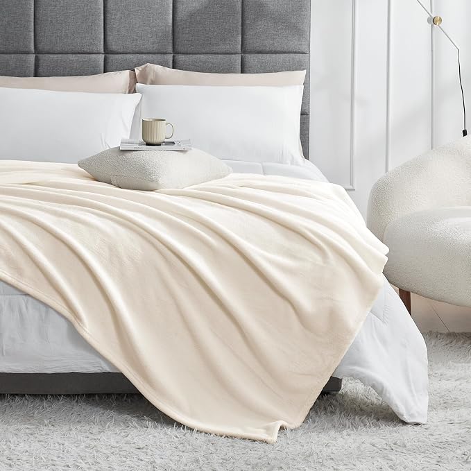 Hansleep Queen Beige Fleece Blanket, Soft Flannel Bed Blanket | Fuzzy Cozy Blanket 90x90 Inches, Multi-use for Bed, Sofa, Couch, Travel, Camping, All Season Warm Lightweight Cover