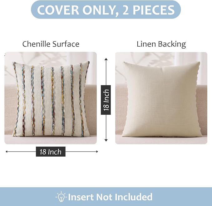 ANRODUO Boho Decorative Throw Pillow Covers Blue Stripe 18x18 Inch Set of 2 | Woven Chenille Decorative Cushion Case with Striped Farmhouse Accent Neutral Pillowcase for Couch Sofa Bed Living, Room Decor