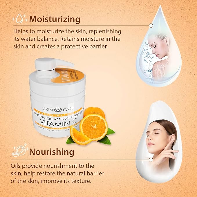 Skin Care Vitamin C 3-in-1 Moisturizer Face Cream, Neck and Hands - Treatment for Crepey Texture, Wrinkles and Sagging - Daily Lotion for All Skin Types - 16.9 fl. oz.
