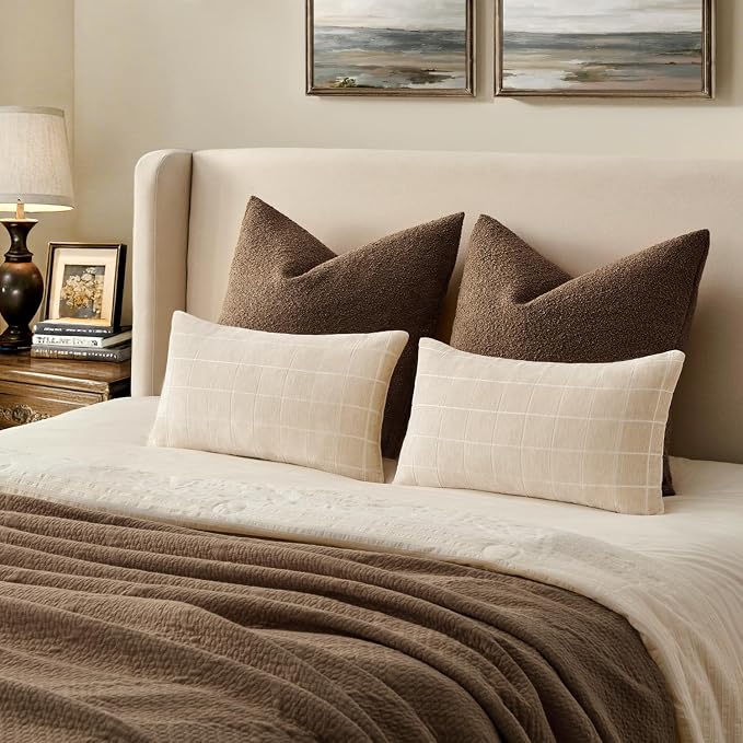 MIULEE Beige Plaid Decorative Lumbar Throw Pillow Covers 12x20 Set of 2 | Vintage, Check Chenille Couch Pillows, Neutral Boho Farmhouse Cushion Covers, Modern Home Decor for Sofa Bed Living Room