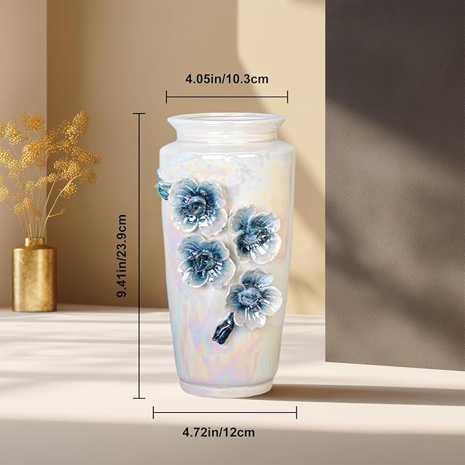 White Ceramic Vase 9 Inch - Modern Decorative Vase for Flowers, Centerpiece for Dining Table Living Room Entryway