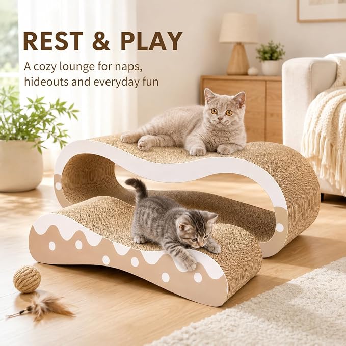 Simple Delxue 2 in 1 Cat Scratcher Cardboard Lounge Bed, Cat Scratching Post, Durable Board Pads Prevents Furniture Damage,Large,Wave