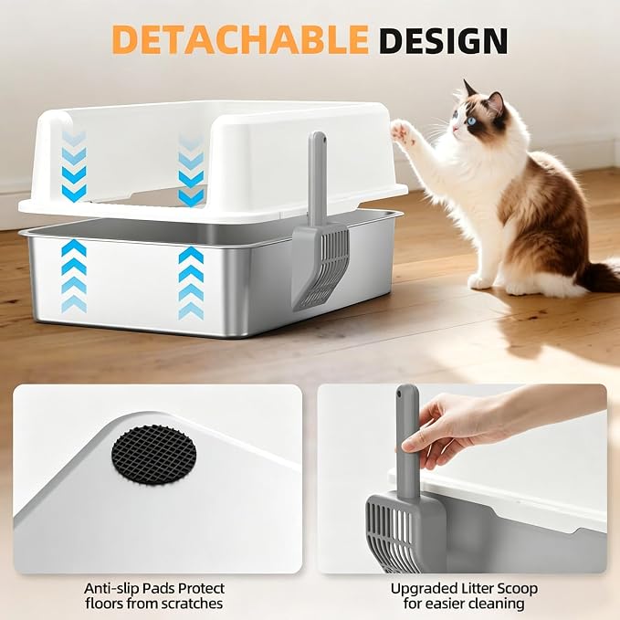 WoofiGo XXL Stainless Steel Cat Litter Box, High Sided Open Top Litter Pan | Anti-Urine Leakage Design, Spacious Interior for Big Cats, Non-Stick, Odor Resistant, Easy Clean, Scoop Included (White)