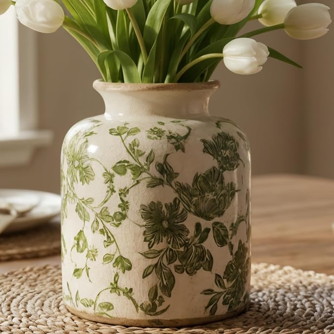 Vintage Green Crackle Glaze Ceramic Flower Vase, 6” Small Rustic Pottery Decorative Botanical Vase with Distressed Beige Rim French Country Farmhouse Cottage Tabletop & Mantel Home Decor