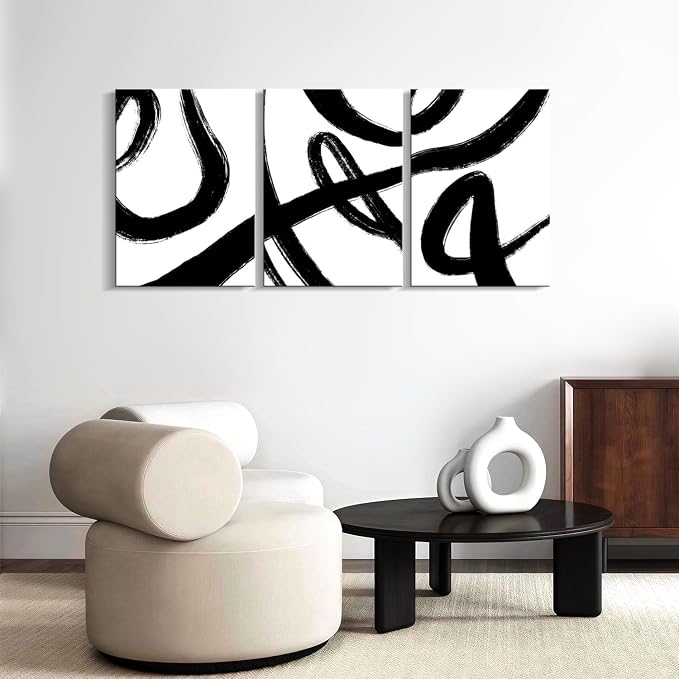 3Pcs Framed Abstract Black and White Canvas Wall Art Minimalist Brushstroke Line Prints Modern Home Gallery Style Picture Painting Posters Bedroom Living Room Office 16x24 Inch Ready to Hang