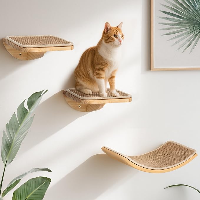 2 Set Wooden Cat Wall Shelves with Sisal Mat, Cat Wall Furniture Steps | 10"L x 9.2"W x 4"H Wall Mounted Cat Stairs, Cats Wall Furniture Steps, Space Saving, for Jumping, Playing & Lounging