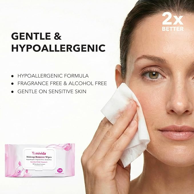 mivida Hypoallergenic Makeup Remover Wipes Bulk with Vitamin E, 500 count (10×50) Value box, Fragrance Free Makeup Wipes for Sensitive Skin, Gently Removes Makeup & Oil, Alcohol Free Facial Towelettes