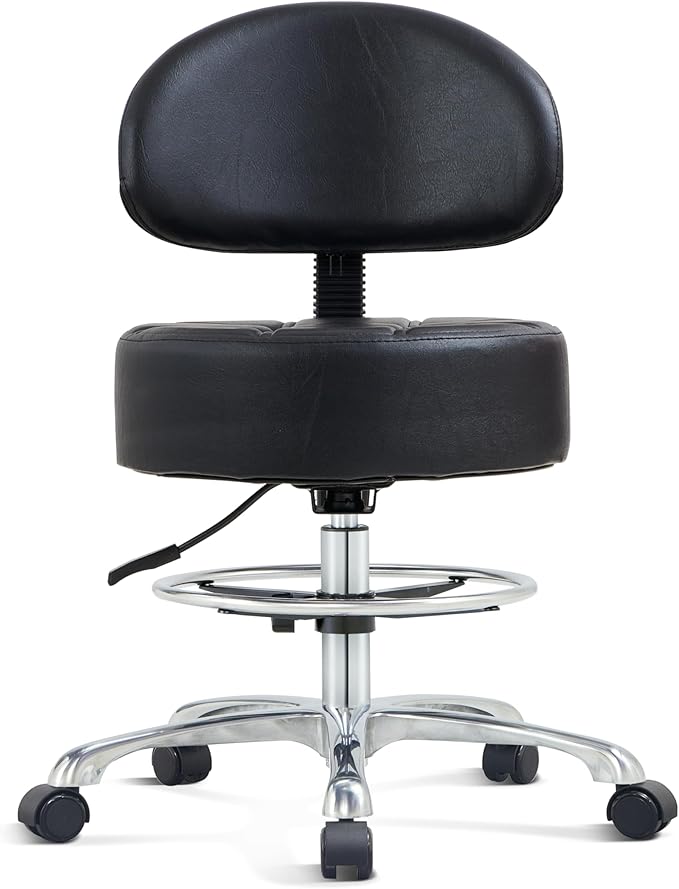 Height Adjustable Rolling Shop Stool with Back Support - Kitchen Stool with Wheels Heavy Duty for Salon, Spa, Massage, Tattoo, Esthetician - Extra Thick for Extreme Comfort
