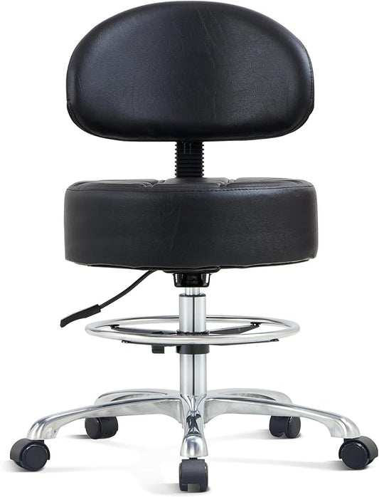 Height Adjustable Rolling Shop Stool with Back Support - Kitchen Stool with Wheels Heavy Duty for Salon, Spa, Massage, Tattoo, Esthetician - Extra Thick for Extreme Comfort