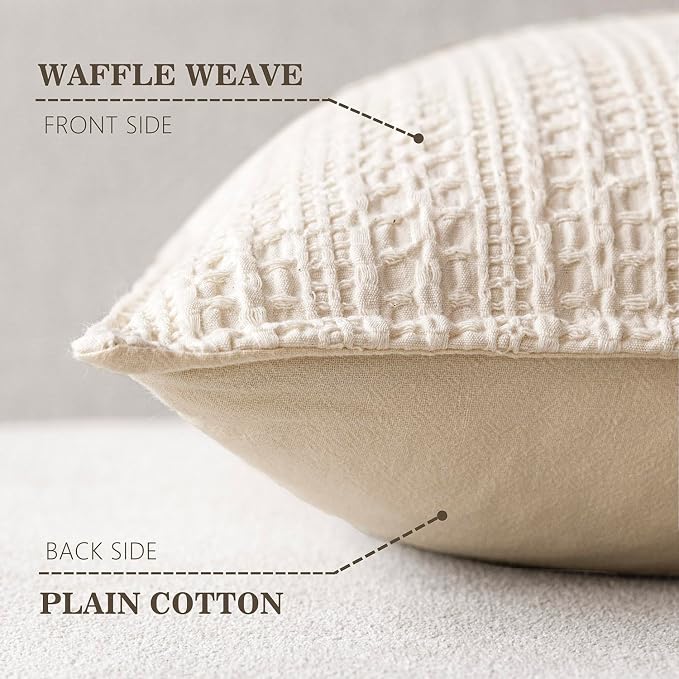 Foindtower Set of 2 Decorative Cotton Waffle Weave Lumbar Throw Pillow Covers Euro Shams Cushion Covers Accent European Pillowcase For Bed Couch Bedroom Living Room Home Decor 12×20 Inch Natural Beige