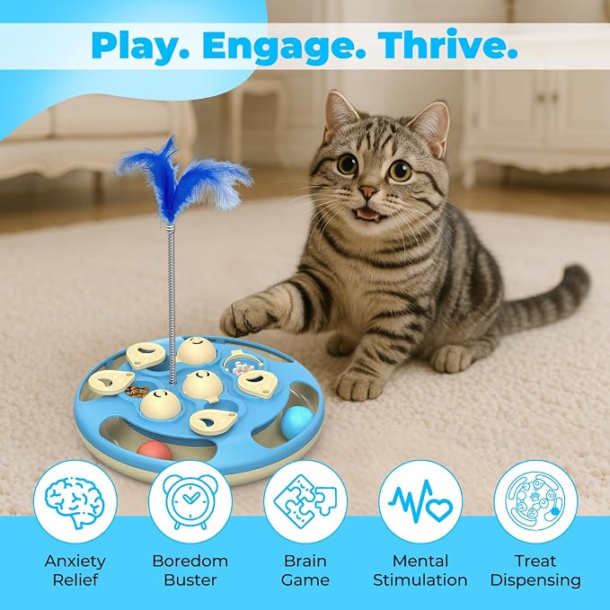 3 in 1 Cat Treat Puzzle Feeder, Level 3 Interactive Cat Puzzle Toy with Track Balls, Feather Teaser & Slow Feeder Insert, Non-Slip Base, Mental Stimulation for Bored Indoor Cats, Blue