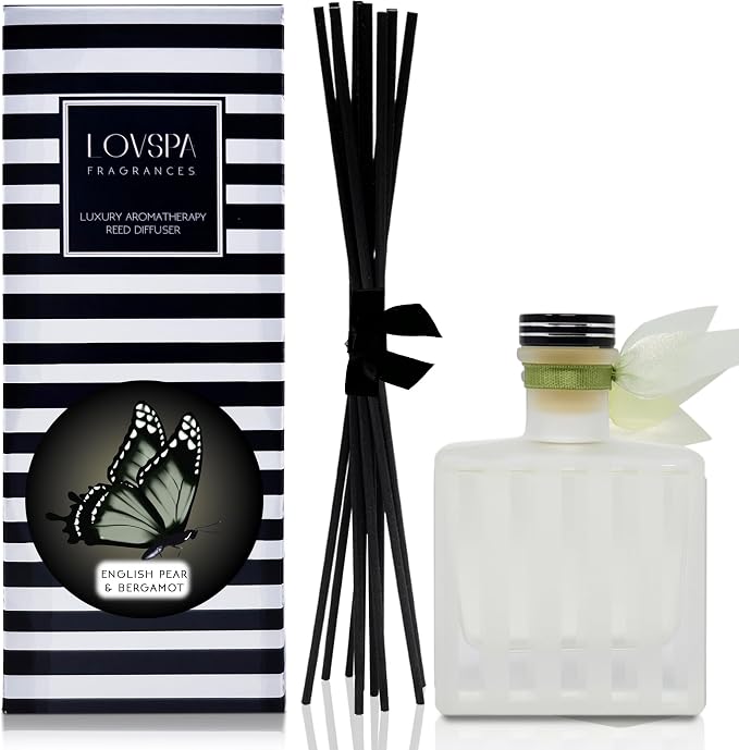 Reed Diffuser Set, English Pear & Bergamot Scented Oil Diffuser with Sticks, Home Fragrance Accessories for Bathroom Shelf Decor, Aroma Diffusers for Home or Office Desk, USA Made