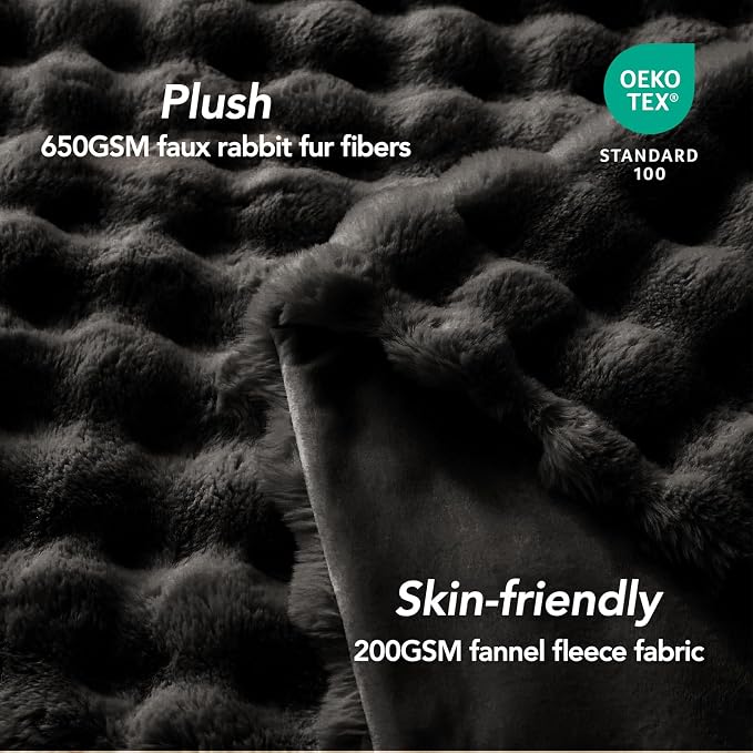 L'AGRATY Faux Rabbit Fur Throw Blanket for Couch, 90'' x 90'', Black | Soft Cozy Bubble Fluffy Blanket for Sofa Bed, Thick Warm Plush Fuzzy Throw for Room Home Decor, Luxury Gift for Women Mom