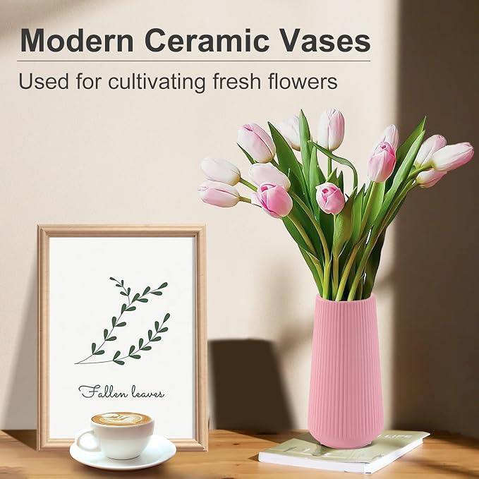 All Pink Ceramic Vase, GUKJOB Small Cute Flower Vase for Pampas Grass, Home, Living Room, Dining Table, Farmhouse, Office Decor, Bedroom, Table, and Kitchen Shelf (All Pink)
