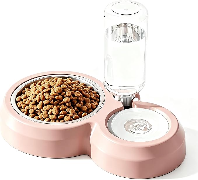 YSHOME&PET Double Dog Bowls, Cat Food & Water Bowl Set with Water Dispenser | Detachable Durable Stainless Steel Bowl Gravity Feeder for Small or Medium Size Dogs Cats Kittens Rabbits Bunny Easy to Clean