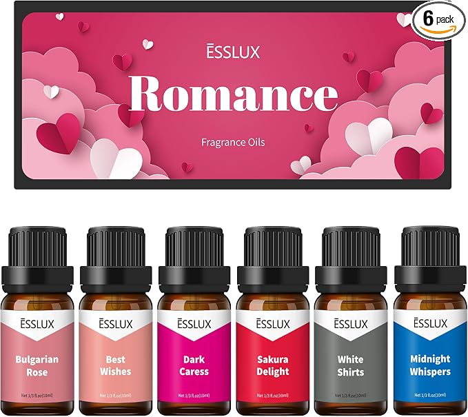 Fragrance Oils, ESSLUX Romance Scented Essential Oils for Diffuser for Home, Premium Soap Candle Making Scents, Romantic Aromatherapy Oils Gift Set, 6x10ml - Bulgarian Rose, Best Wishes and More