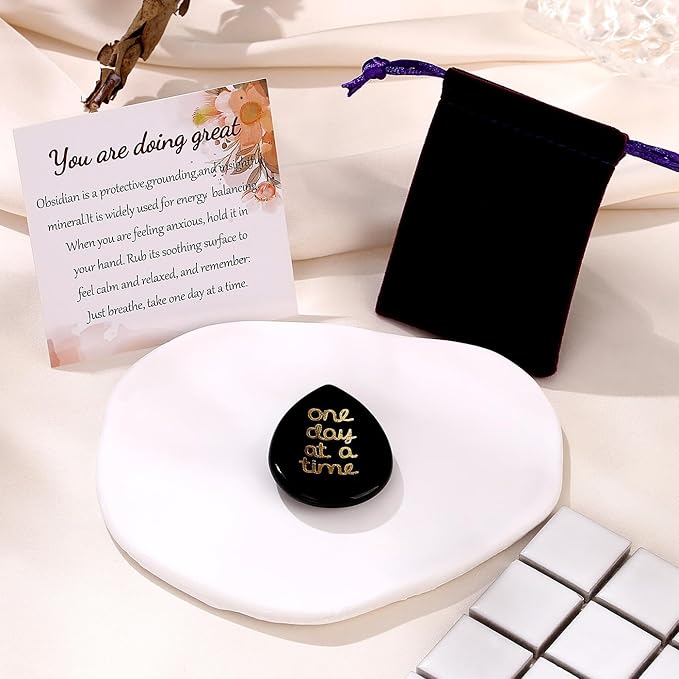 One Day at A Time Black Obsidian Thumb Worry Stone for Anxiety Crystals Hand Thumb Stones Pocket Thinking of You Gifts for women Inspirational Worry Stones for Stress Relief Sobriety Gifts for Her