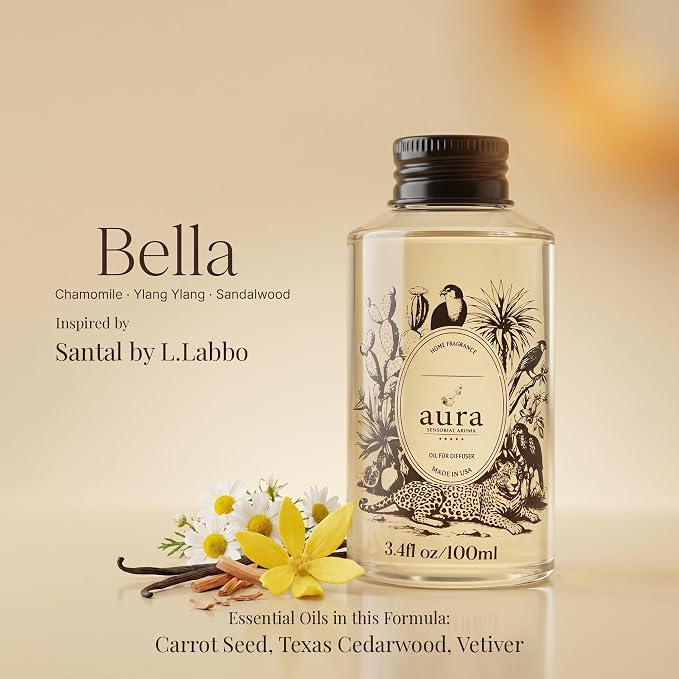 Aura Bella | Sandalwood & Ylang Ylang Fragrance Oil for Diffusers | Inspired by L. Labo Santal | Woody Luxury Scent | Aromatherapy | Home, Office & Spa | 3.4 fl oz (100ml) | Made in USA