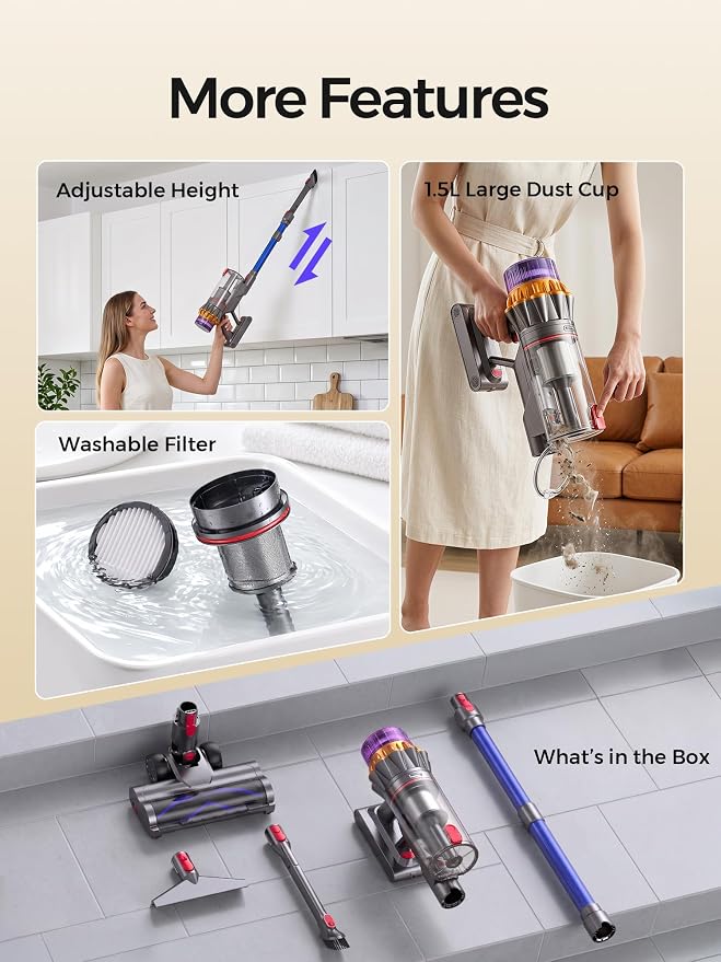 Cordless Stick Vacuum Cleaner, 600W 55Kpa 70Mins for Home, Pet Hair, Carpet | Self-Standing, Anti-Tangle Brush, Touch Screen, 6-in-1 Vacuum Cleaner, Green LED Dust Reveal, HEPA Filter, 1.5L Cup for Floor