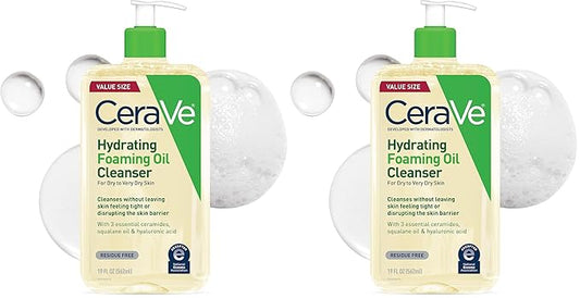 CeraVe Hydrating Foaming Oil Cleanser,Moisturizing Oil Cleanser for Face & Body,Squalane-Oil + Hyaluronic Acid + Ceramides,For Dry to Very Dry Skin,Fragrance Free & Residue Free,19 FL Oz,(Pack of 2)