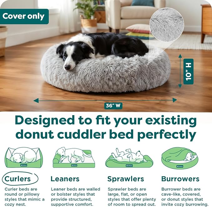 FurHaven Replacement Dog Bed Cover, Long Faux Fur for Calming Cuddlers, Machine Washable, Customizable Filling, Large, Faux Fur, Misty Gray
