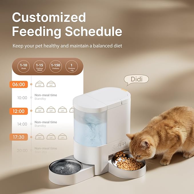 Automatic Cat Feeder and Water, 5G WiFi App Control Cat Dry Food Dispenser | 2-in-1 Auto Cat Feeder, 10s Voice Recording, 4L Food & 3L Gravity Waterer, 10 Meal 1-15 Portion Programmable for Multiple Pet