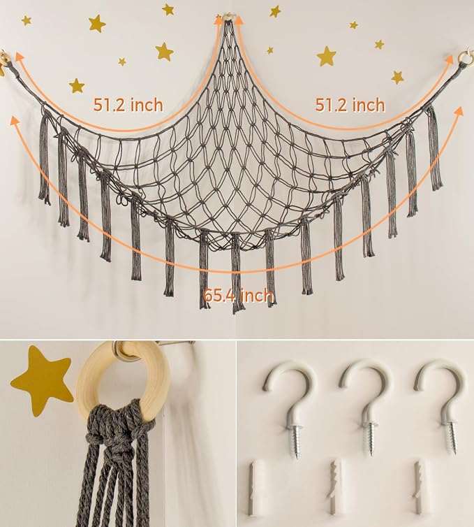 mirolam Stuffed Animal Storage Hammock Net - Toy Hammock Net for Stuffed Animals Corner - Hanging Stuff Animal Organizer Holder Large Size Baby Nursery Room Decor-Grey